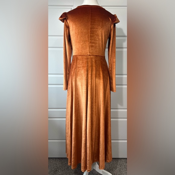 Velvet Copper Renaissance Castlecore‎ Maxi Dress Long Sleeve Ruffle Shoulder SM - Picture 5 of 7